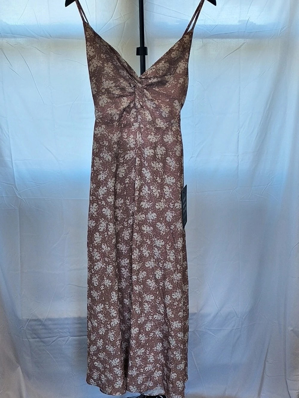 Lulu's Satin Twist Front Midi Dress Floral Maxi Dress in Brown and Cream